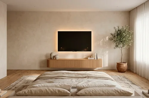 Serene bedroom with a sleek wall-mounted TV on a textured beige wall above a floating oak console with soft lighting.