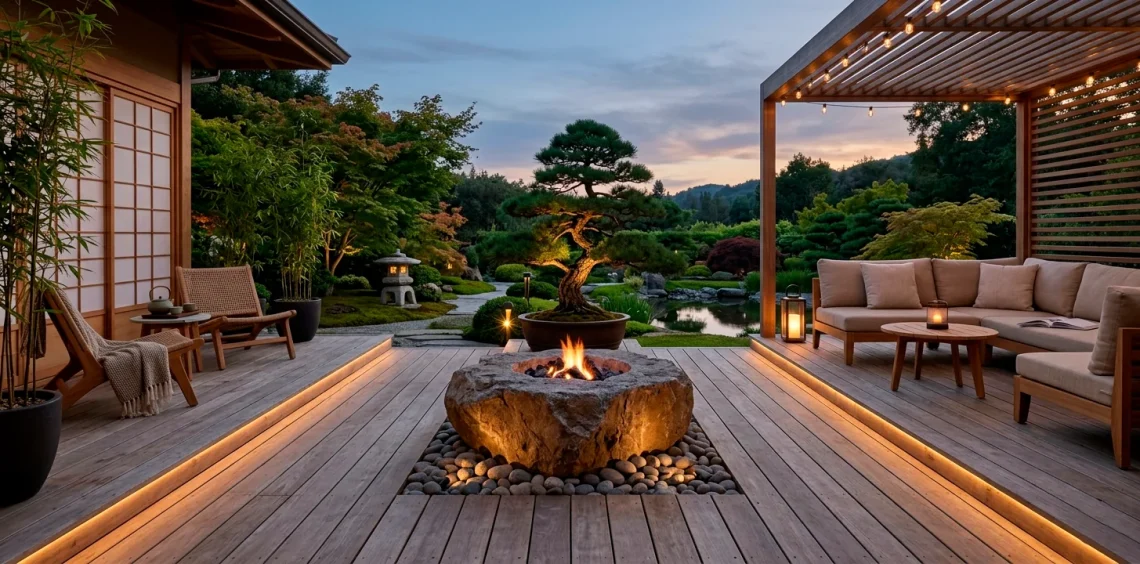 Wide panoramic view of a calm Japandi outdoor patio at twilight featuring natural wood decking and minimalist furniture.