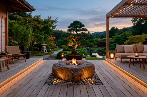 Wide panoramic view of a calm Japandi outdoor patio at twilight featuring natural wood decking and minimalist furniture.