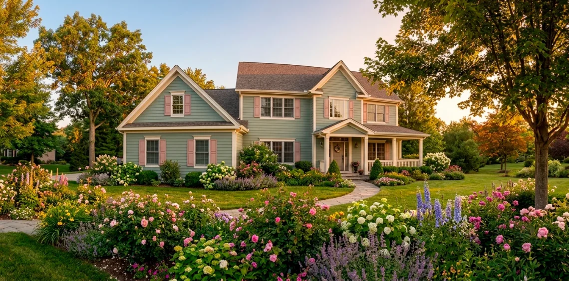 Stunning two-story home featuring a dusty sage green exterior with blush pink shutters and crisp white trim in golden hour.