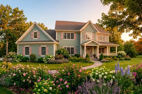 Stunning two-story home featuring a dusty sage green exterior with blush pink shutters and crisp white trim in golden hour.