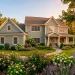 Stunning two-story home featuring a dusty sage green exterior with blush pink shutters and crisp white trim in golden hour.