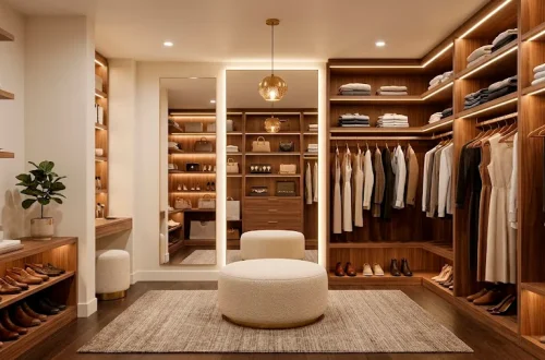 Luxurious small dressing room transformation with custom wood shelving and soft lighting.