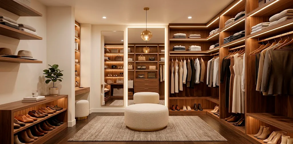 Luxurious small dressing room transformation with custom wood shelving and soft lighting.