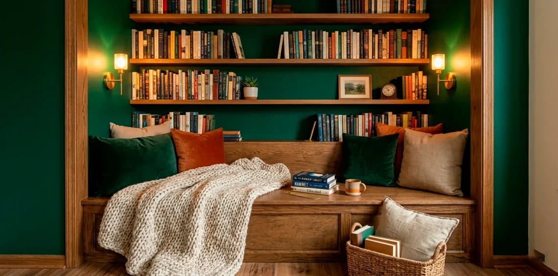 Wide view of a cozy reading nook transformed from an unused closet with green walls and floating bookshelves