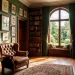 Antique botanical prints framed on a sage green wall above a vintage leather armchair in a cozy library.