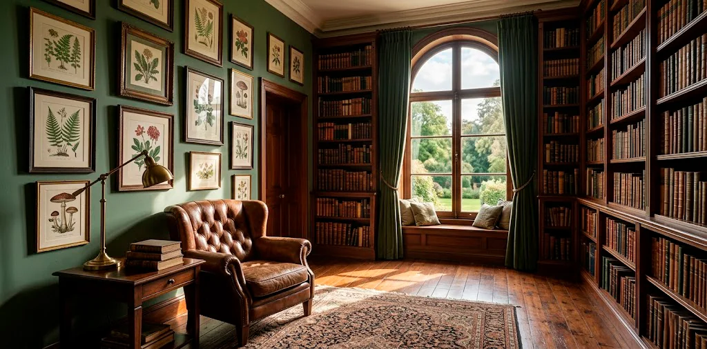 Antique botanical prints framed on a sage green wall above a vintage leather armchair in a cozy library.