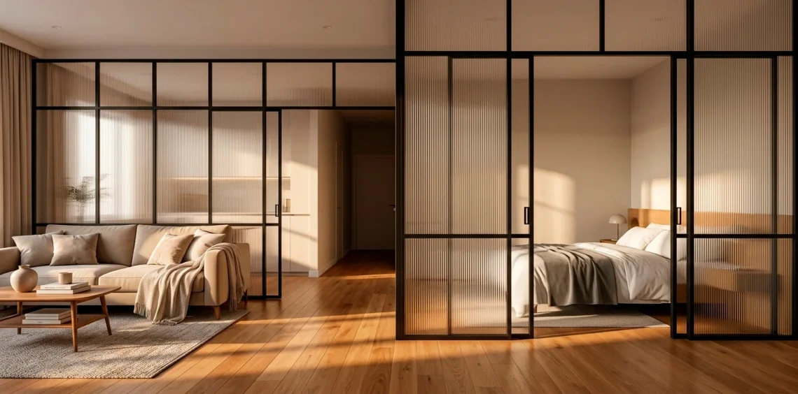 Modern studio apartment featuring a chic black metal and fluted glass room divider with soft natural sunlight.