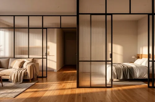 Modern studio apartment featuring a chic black metal and fluted glass room divider with soft natural sunlight.
