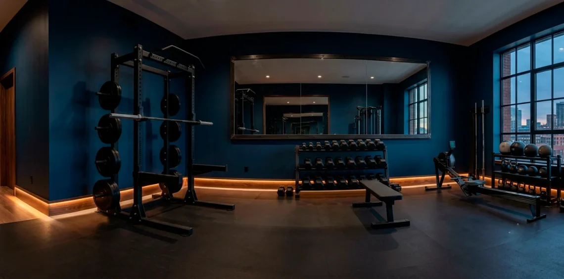 Wide view of a dark home gym painted in moody navy blue with a matte black squat rack and warm LED lighting.