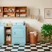 Bright vintage laundry room with retro pastel appliances, checkerboard floors, and wood shelving bathed in soft natural light.