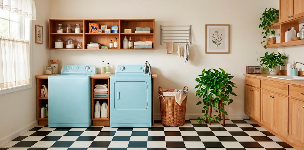 Bright vintage laundry room with retro pastel appliances, checkerboard floors, and wood shelving bathed in soft natural light.