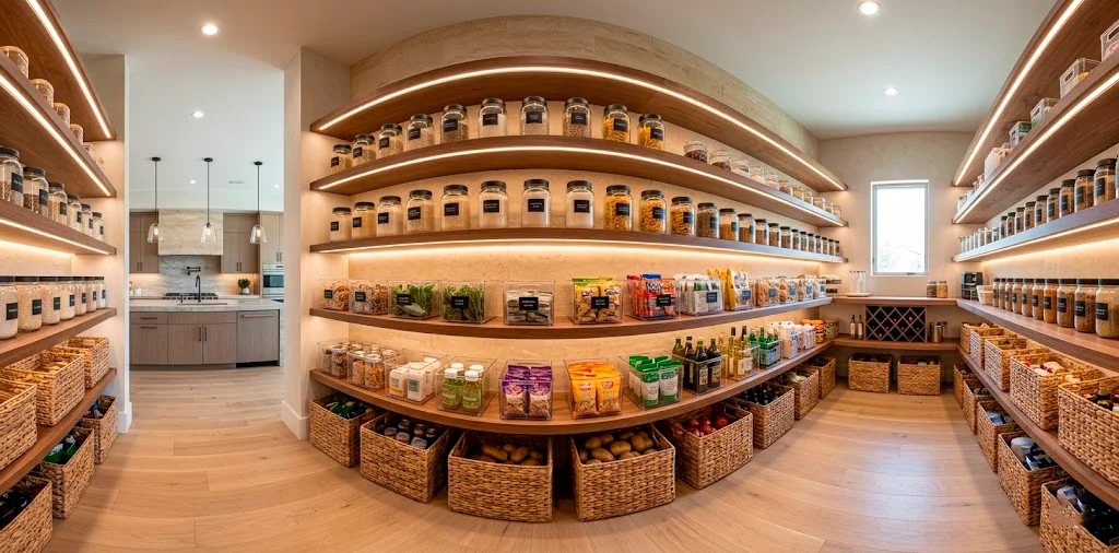 Wide view of a perfectly organized sleek modern kitchen pantry with clear bins glass jars and warm wooden floating shelves