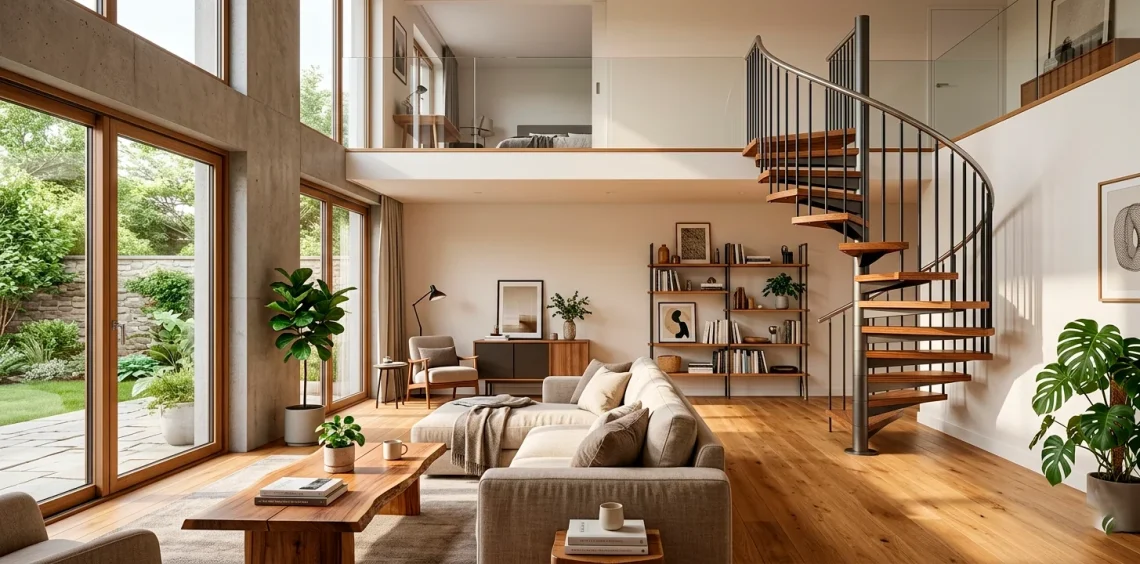 A modern, sunlit duplex interior featuring a space-saving wood and metal spiral staircase.