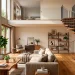 A modern, sunlit duplex interior featuring a space-saving wood and metal spiral staircase.