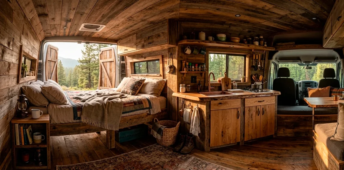 Cozy camper van interior featuring rustic reclaimed wood paneling, a live-edge countertop, and warm natural lighting.