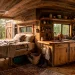 Cozy camper van interior featuring rustic reclaimed wood paneling, a live-edge countertop, and warm natural lighting.