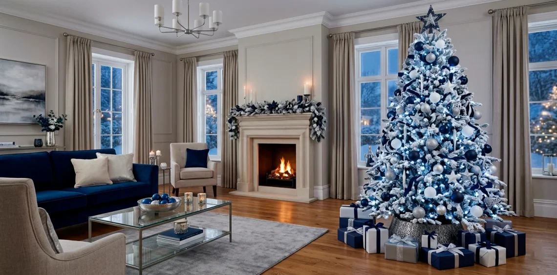 Elegant flocked Christmas tree decorated in navy blue, silver, and white in a modern living room