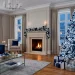 Elegant flocked Christmas tree decorated in navy blue, silver, and white in a modern living room
