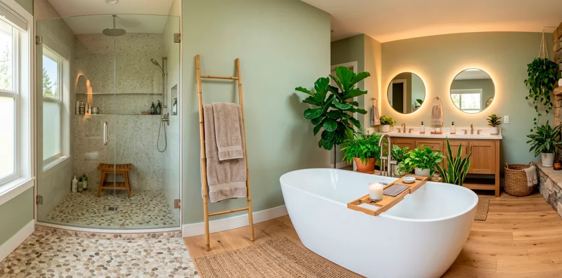 Luxury master bathroom decorated like a serene spa oasis with natural wood elements and soft lighting.