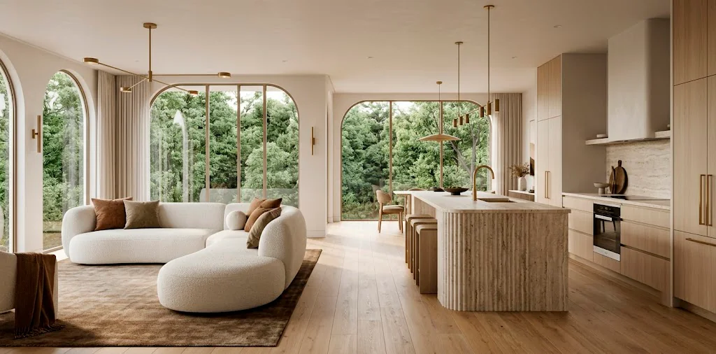 Luxurious open concept 2025 living room and kitchen renovation featuring curved bouclé sofa and fluted travertine island.