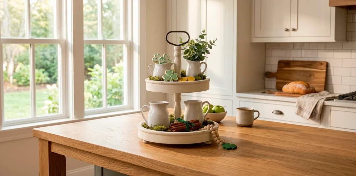 Beautifully styled white wooden tiered tray for St. Patrick's Day featuring shamrock cookies, gold foil candies, and rustic moss on a modern kitchen island.