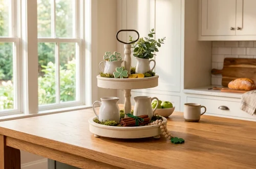 Beautifully styled white wooden tiered tray for St. Patrick's Day featuring shamrock cookies, gold foil candies, and rustic moss on a modern kitchen island.