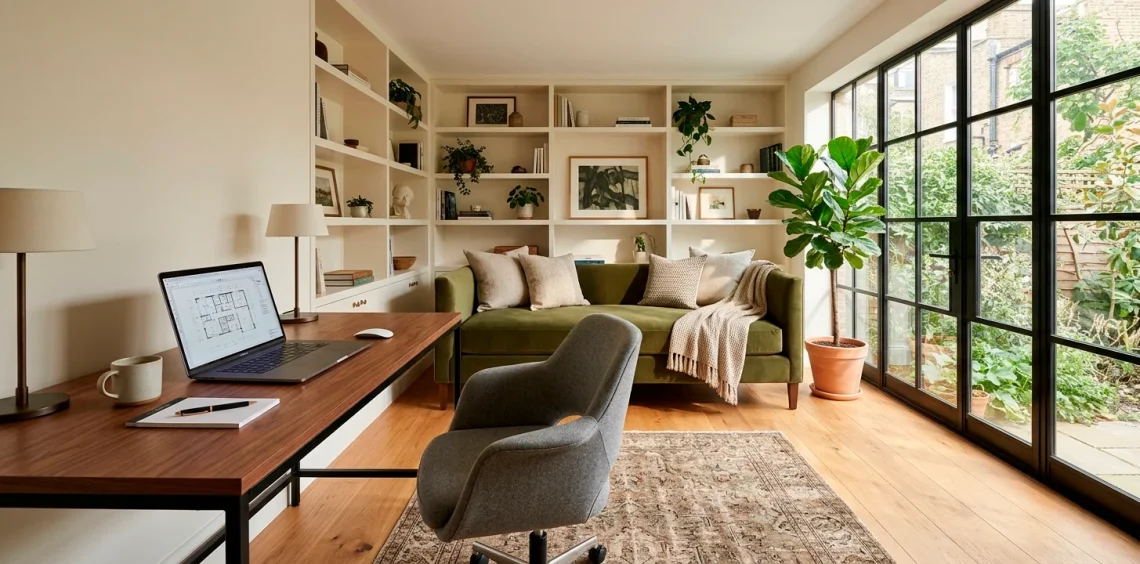 Modern home office guest room featuring a sleek wooden desk and a luxurious olive green velvet daybed.