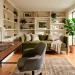 Modern home office guest room featuring a sleek wooden desk and a luxurious olive green velvet daybed.