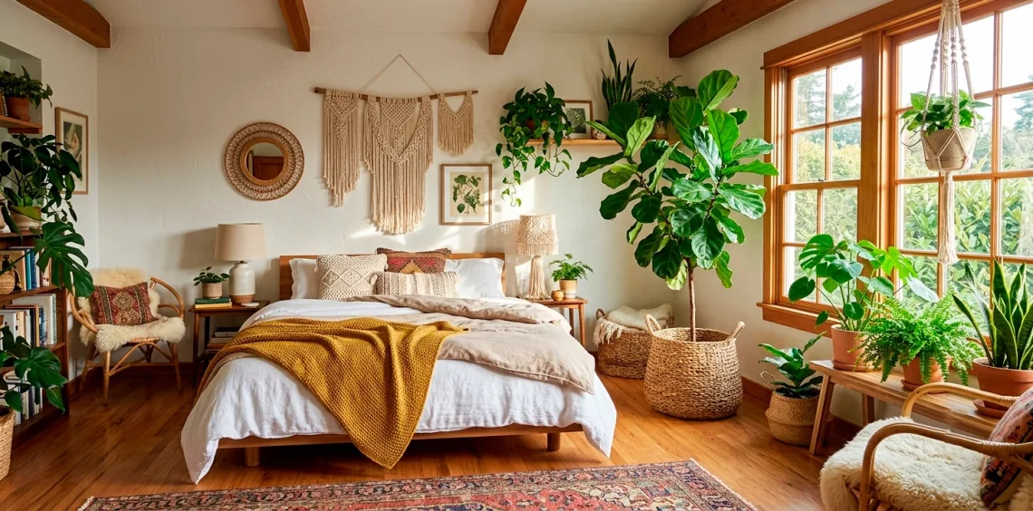 Cozy boho bedroom filled with lush statement plants like a Fiddle Leaf Fig and Monstera