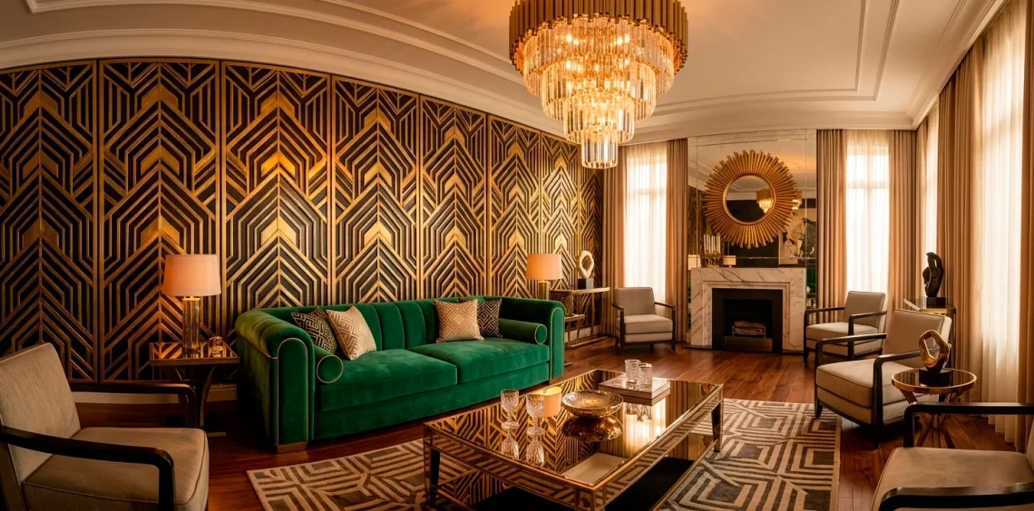 Luxurious Art Deco living room with emerald velvet sofa, gold geometric panels, and crystal chandelier.