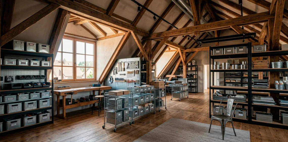 Wide view of a clean attic featuring industrial metal storage shelves, rolling carts, and steel bins.