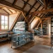 Wide view of a clean attic featuring industrial metal storage shelves, rolling carts, and steel bins.