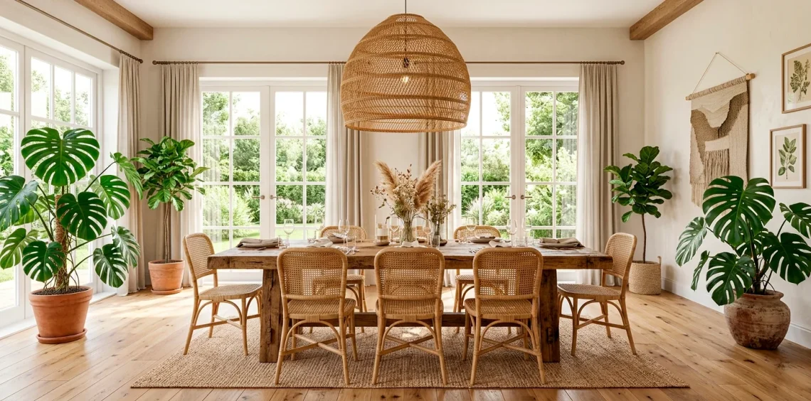 Bright boho dining room with natural rattan chairs, a mango wood table, and an oversized wicker pendant light.