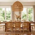 Bright boho dining room with natural rattan chairs, a mango wood table, and an oversized wicker pendant light.