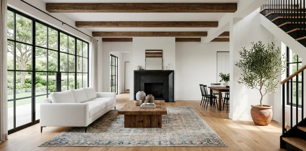 Bright modern farmhouse living room with a sleek white sofa and rustic reclaimed wood coffee table
