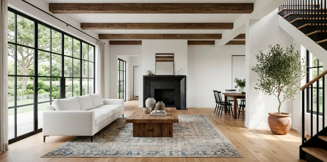 Bright modern farmhouse living room with a sleek white sofa and rustic reclaimed wood coffee table