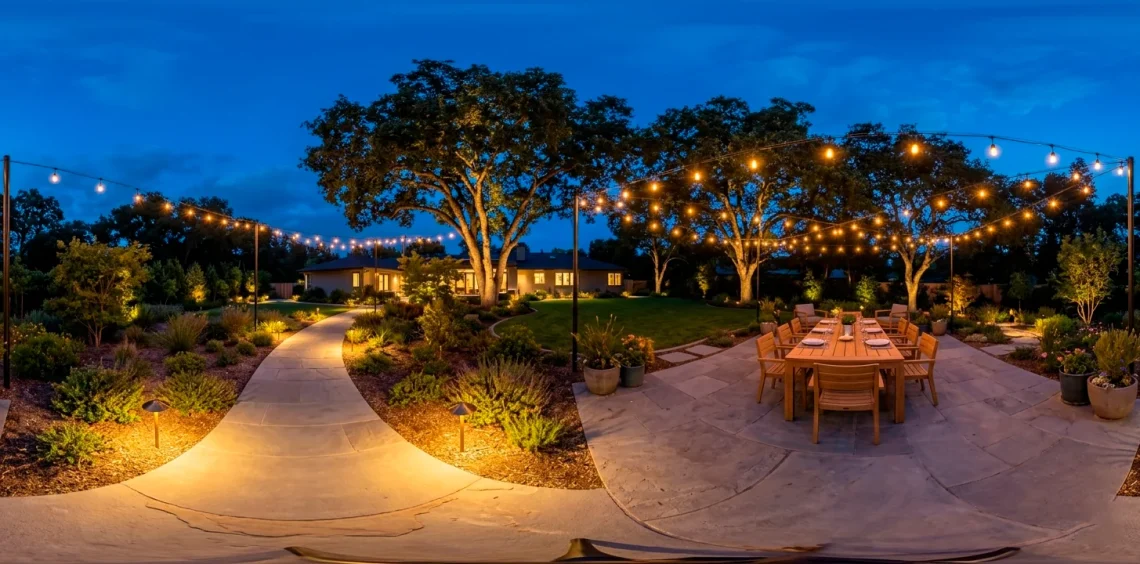 Sprawling modern backyard at twilight featuring layered outdoor lighting, bistro strings, and brass path lights.
