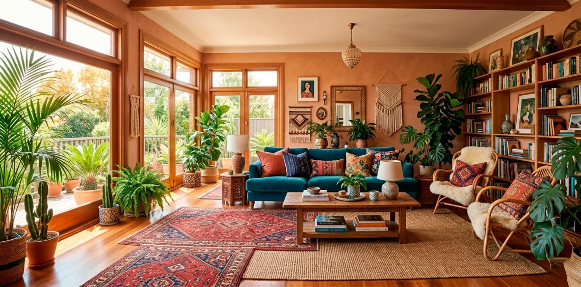 A wide panoramic view of a beautifully styled bohemian maximalist living room featuring layered rugs, patterned cushions, and lush plants.