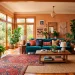 A wide panoramic view of a beautifully styled bohemian maximalist living room featuring layered rugs, patterned cushions, and lush plants.