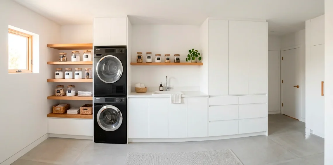 Sleek minimalist small laundry room featuring stacked appliances, custom wooden shelving, and clean white cabinetry.