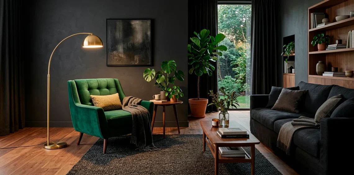 Emerald green mid century accent chair in a moody modern living room with dark charcoal walls and brass lighting.