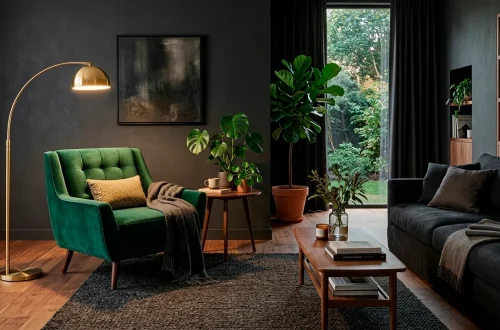Emerald green mid century accent chair in a moody modern living room with dark charcoal walls and brass lighting.