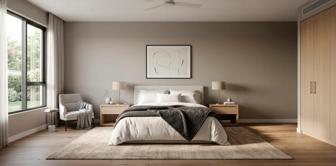 Sophisticated grey and white bedroom sanctuary featuring layered textures and warm oak wood accents