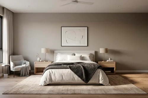 Sophisticated grey and white bedroom sanctuary featuring layered textures and warm oak wood accents