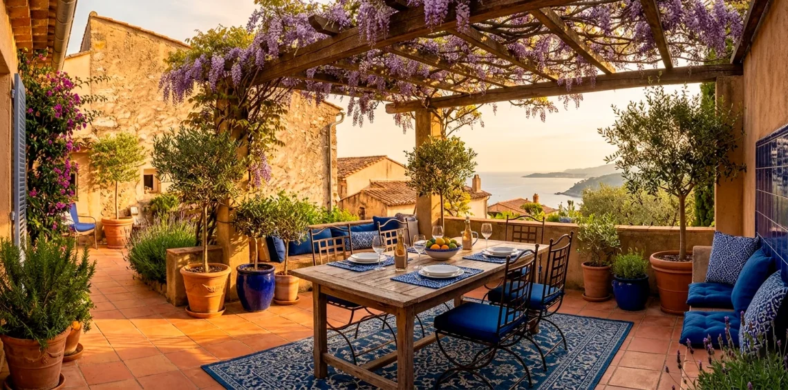 Sun-drenched Mediterranean backyard patio with terracotta tiles, rustic pergola, and outdoor dining table
