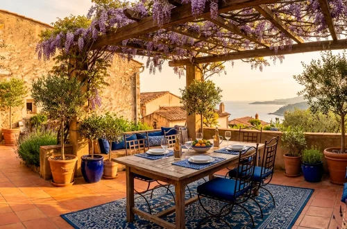 Sun-drenched Mediterranean backyard patio with terracotta tiles, rustic pergola, and outdoor dining table