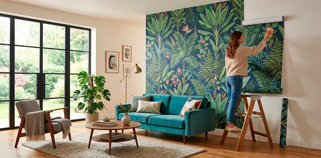 Modern living room with a partially applied beautiful botanical peel and stick wallpaper feature wall