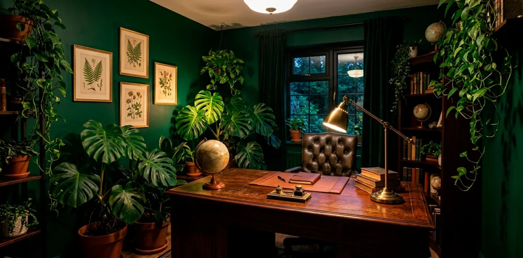 A wide view of a moody dark home office filled with lush indoor plants, vintage desk, and green walls