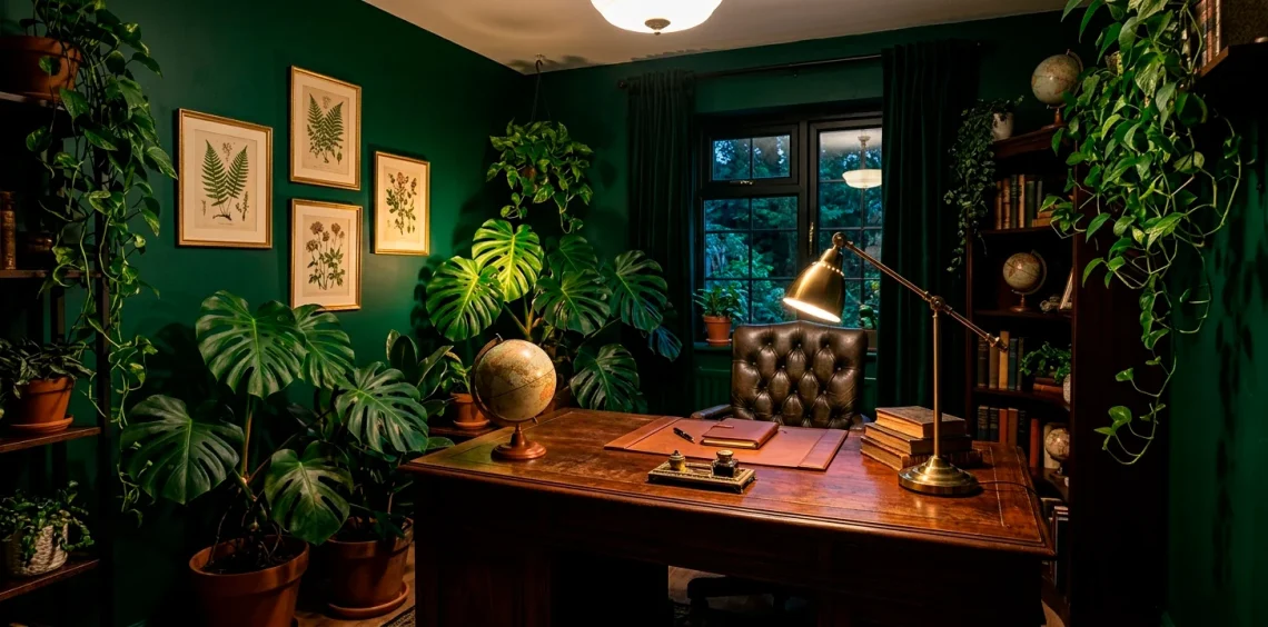 A wide view of a moody dark home office filled with lush indoor plants, vintage desk, and green walls